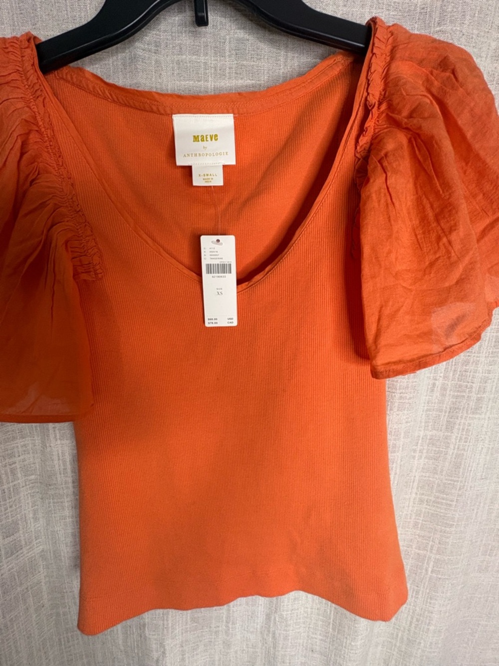 NWT Maeve by Anthropologie - Orange Ribbed Flutter Sleeve V-Neck Top - XS